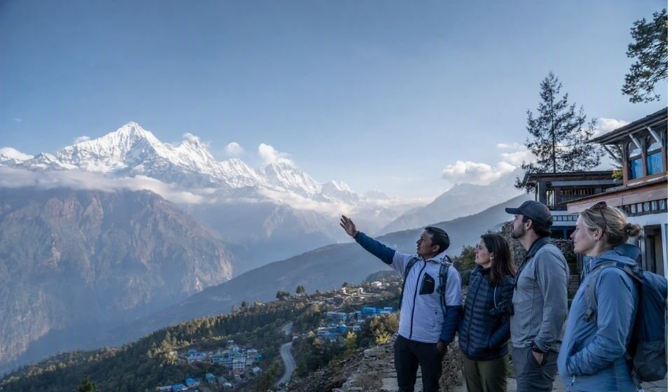 Travelers trekking through the Nepal Himalayas